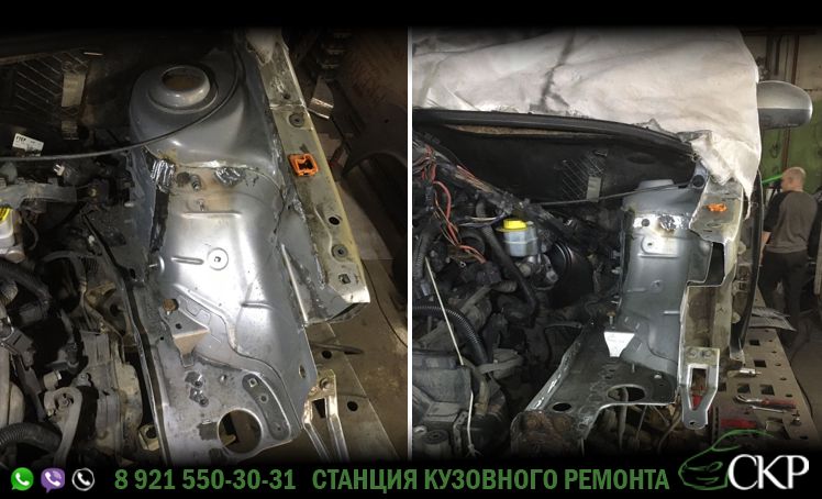 Восстановление передней части кузова Шкода Румстер (Skoda Roomster) в СПб в автосервисе СКР.